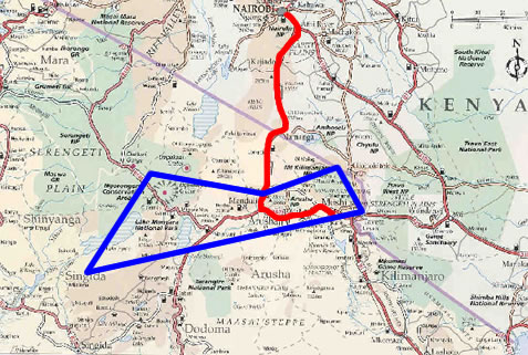 Kenya/Tanzania. Rød strek: Vegen mellom Nairobi og Moshi. Blå strek: Avgrenser område for fjelltur og safari
